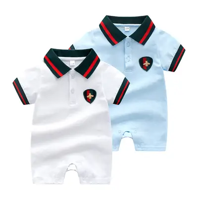 Baby Polo Rompers White Blue Cotton 0-3Y