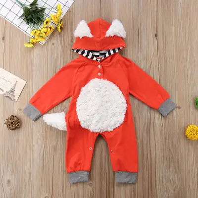 Faux Fur Fox T-Shirt Orange Kids Hooded Jump Suit