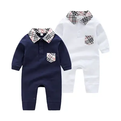 Baby Checkered Collar Jumpsuits Navy White 0-3M
