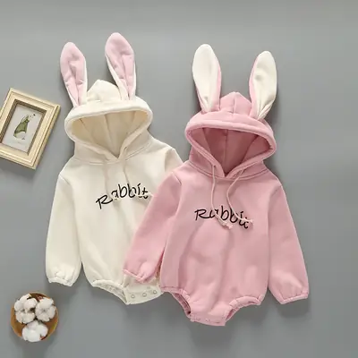 Rabbit Ears Hooded Onesie for Baby Pink White Fleece
