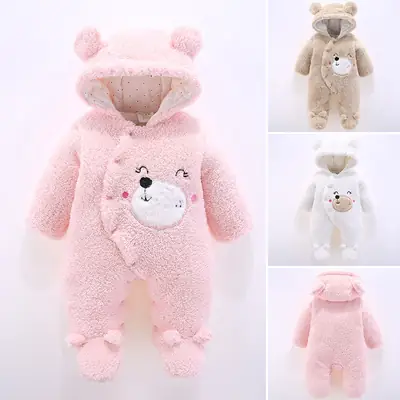Baby Bear Hooded Jumpsuit Pink Cotton Velvet Winter Warm