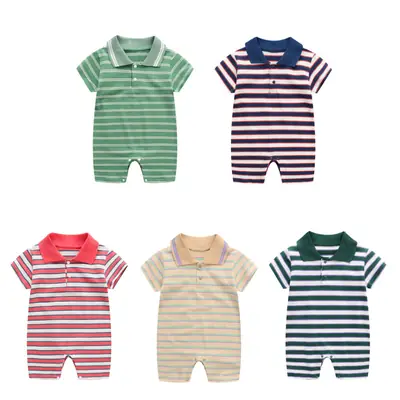 Baby Striped Rompers Set of 6 with Polo Collar