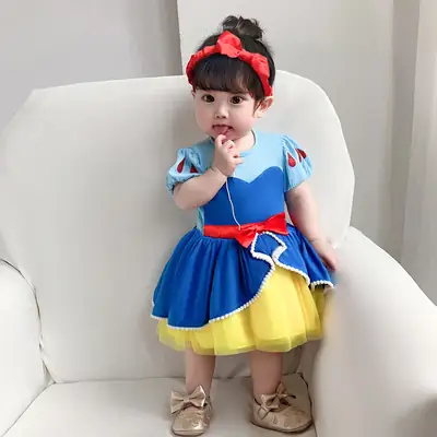 Little Princess Dress Blue Yellow Layers with Red Bow