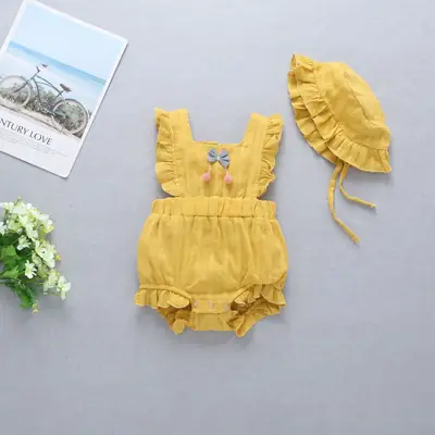 Yellow Ruffled Baby Romper Set with Hat for 66cm