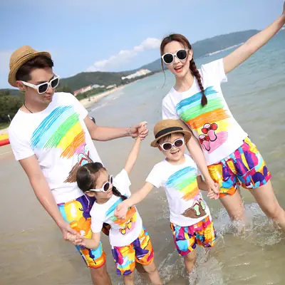 Family Beach Suit Set for 5 Kids Rainbow Print