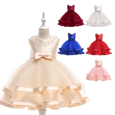 Hand-Beaded Princess Dress for Girls, Red Blue Pink, Machine Washable