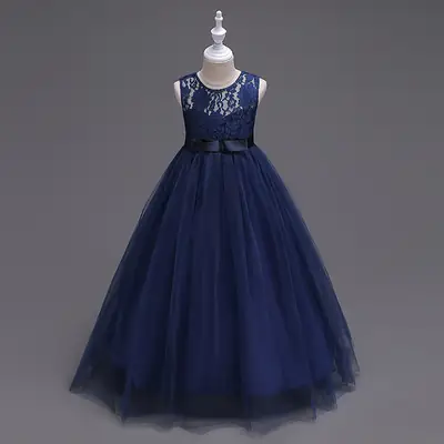 Navy Blue Princess Tulle Dress for Kids with Lace & Bow