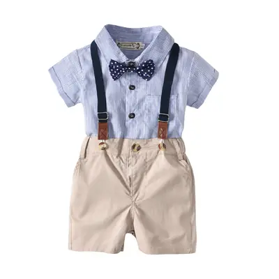 Kids Blue Striped Shirt with Khaki Shorts & Bow Tie Set