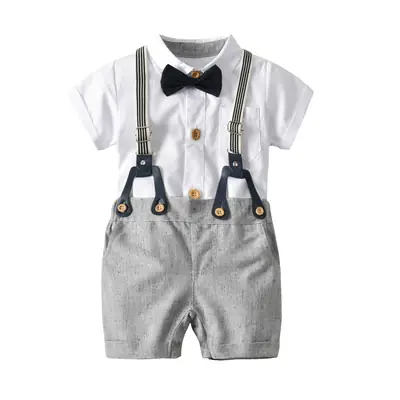 Kids White Cotton Suit with Bow Tie & Gray Shorts