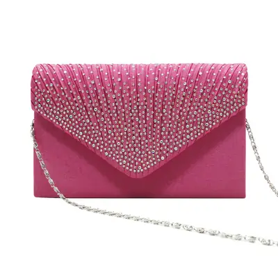 Pink Satin Pleated Clutch Bag with Crystal Embellishment