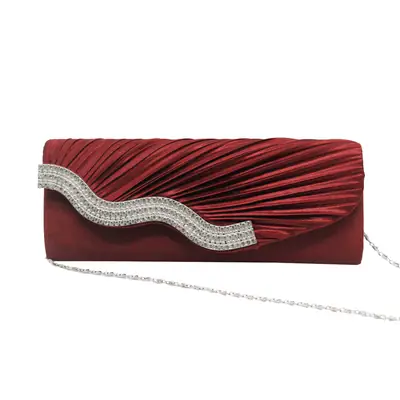 Red Pleated Rhinestone Clutch Bag with Chain for Women