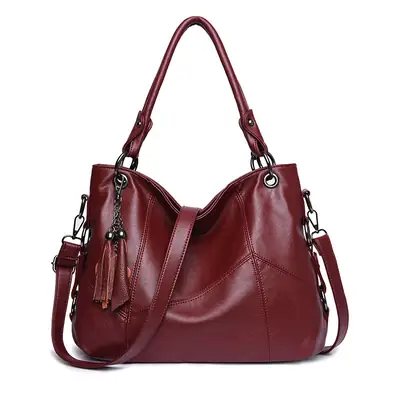 Red Soft Leather Crossbody Bag with Tassel for Women