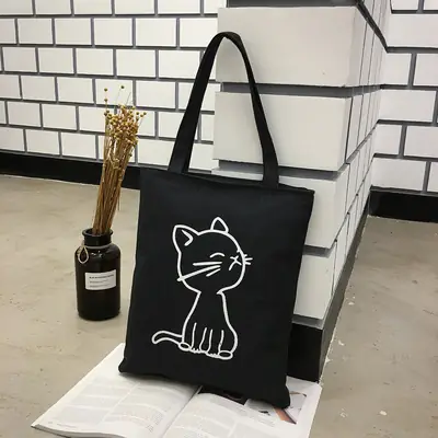 Women Canvas Cat Print Shoulder Bag Black