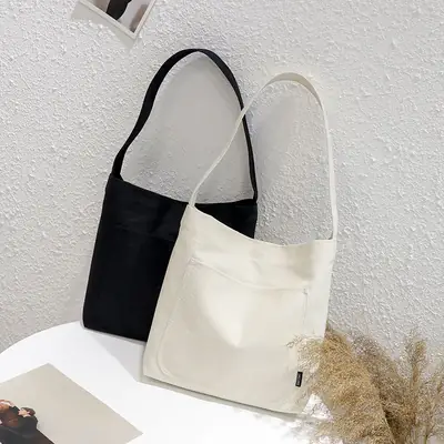 Women Canvas Shoulder Bag Black White Large Capacity Daily Use