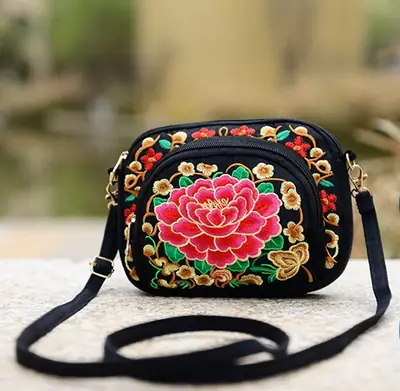 Ethnic Embroidered Crossbody Bag Red Peony Flower