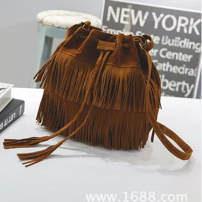 Khaki Velvet Tassel Drawstring Bucket Bag for Women
