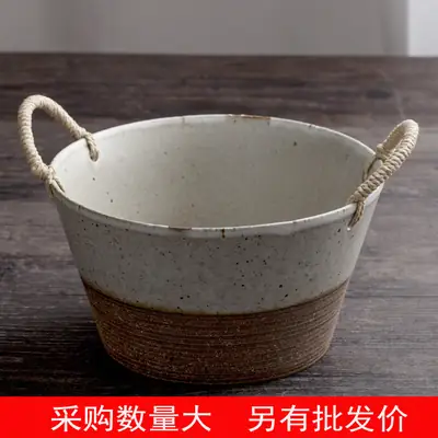 Japanese Stoneware Bowl with Rope Handles for Kitchen & Decor