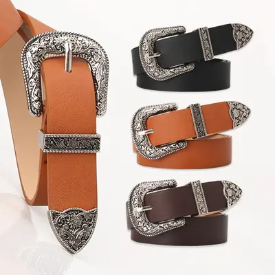 Women's Carved Buckle Belt Black Brown Tan Leather
