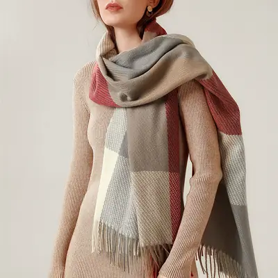 Women Plaid Cashmere Scarf Grey Beige Tassel Fringe