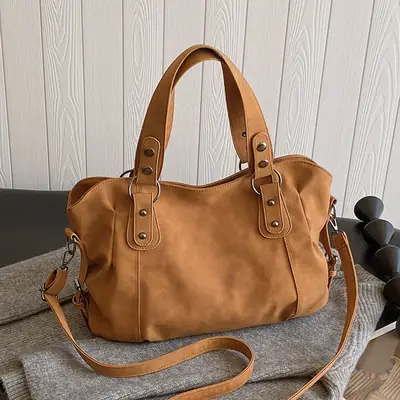 Vintage Frosted Leather Handbag for Women, Large Capacity, Adjustable Strap