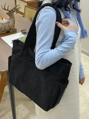 Black Corduroy Tote Bag for Daily Commute Office Use