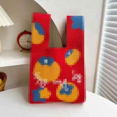 Red Woven Handbag with Yellow Blue Patterns for Women