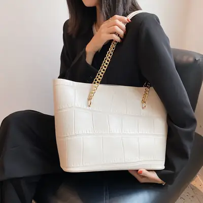 White Croc Textured PU Tote Bag with Gold Chain Strap