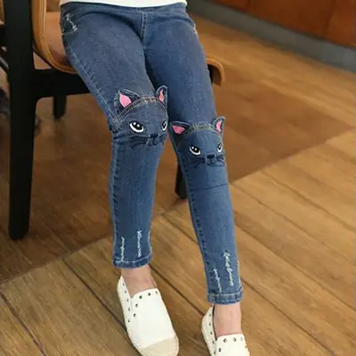 Girls Cat Face Jeans Medium Autumn Kids Pants