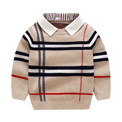 Kids Plaid Collar Sweater Boy Spring Beige
