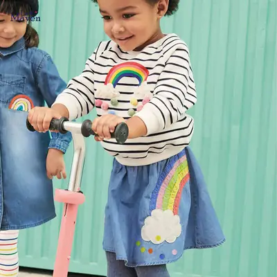 Denim Skirt for Girls with Rainbow Embroidery Summer