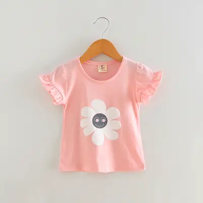 Girls Summer Pink Flower T-Shirt with Ruffled Sleeves