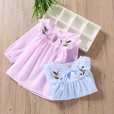 Girls Cotton Embroidered Long Sleeve Shirt Blue Pink 90cm