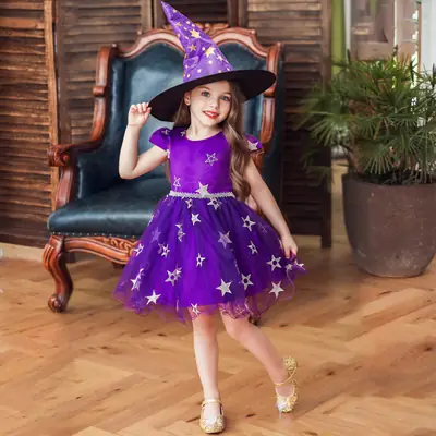 Kids Purple Starry Witch Dress Halloween Party Costume