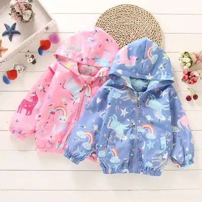 Girls Unicorn Windbreaker Jacket Pink Blue Autumn Outdoor