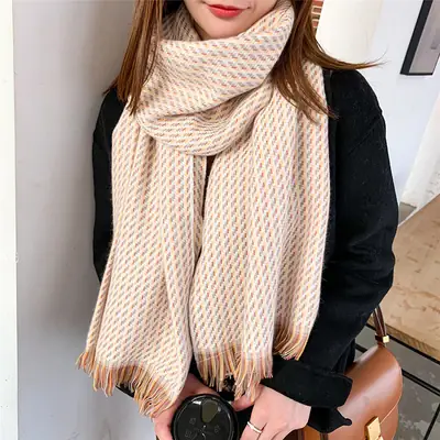 Women Plaid Imitation Cashmere Scarf Winter Warm Tassel