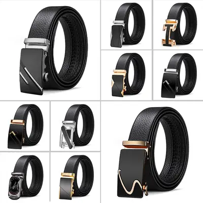 Men's Black Leather Belt with Gold Buckle