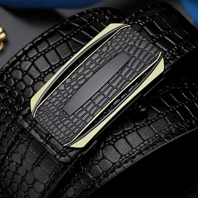 Men Crocodile Skin Belt Black Gold Buckle