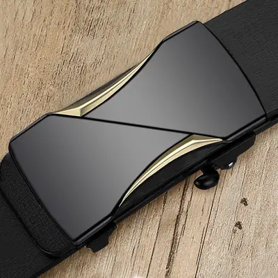 Men Genuine Leather Belt Black Gold Automatic Buckle