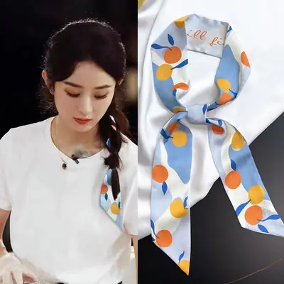 Zhao Liying Style Fruit Print Hair Scarf Light Blue Orange Small