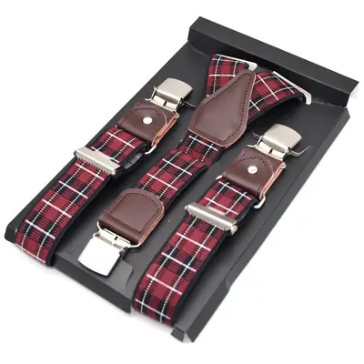 Men Red Plaid Wide Elastic Suspenders Business Formal