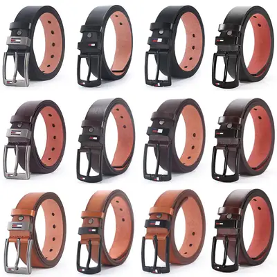 Men Casual Leather Belt with Needle Buckle, 125cm, Black Brown Tan