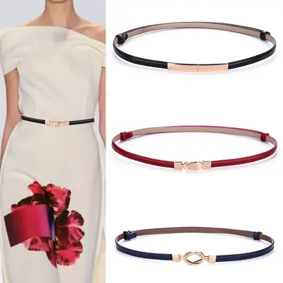 Women's Thin Genuine Leather Belt with Magnetic Closure Red Black Navy