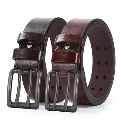 Men Leather Belt with Double Buckle Brown 120cm
