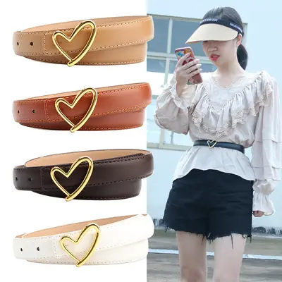 Women Heart Buckle Belt Black Brown White Tan