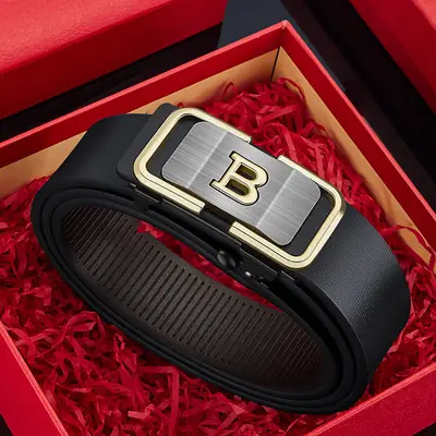 Men Genuine Leather Belt Black Gold Buckle Automatic