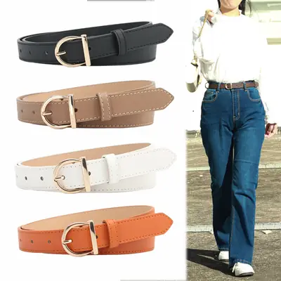 Women D-Shaped Buckle Belt Khaki Orange White Brown