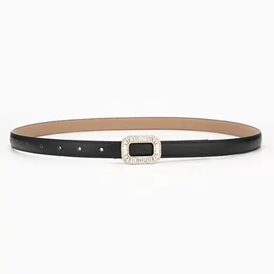 Women Black Leather Belt with Sparkly Buckle