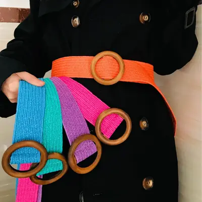 Women Elastic Woven Belt with Wooden Rings Orange