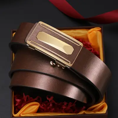 Men Automatic Buckle Leather Belt Brown Gold