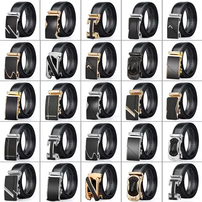 Men Genuine Leather Automatic Buckle Belt Black Gold